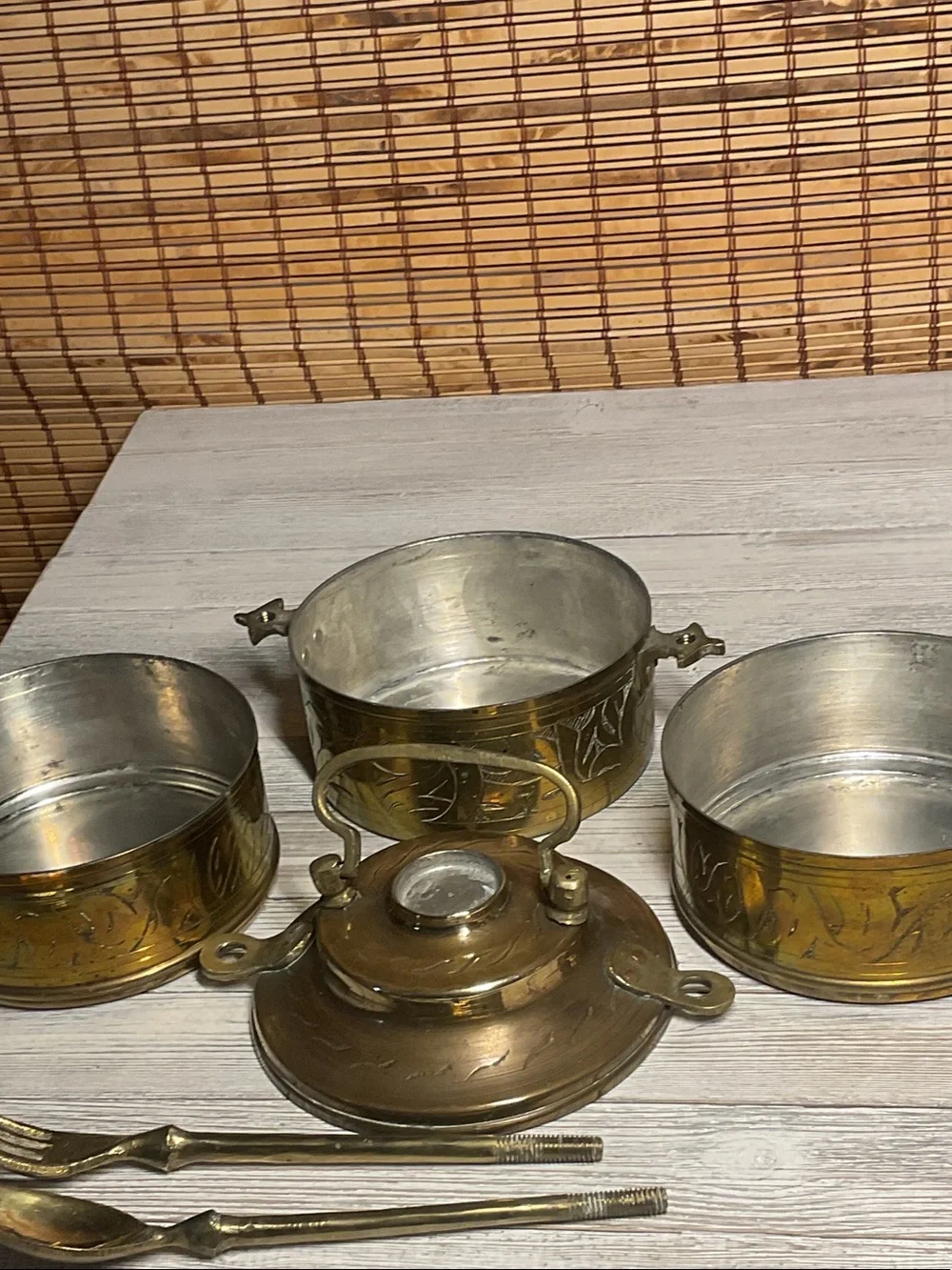 Vintage Brass Tiffin Stacking Lunchbox With Fork And Spoon Screw in Handle